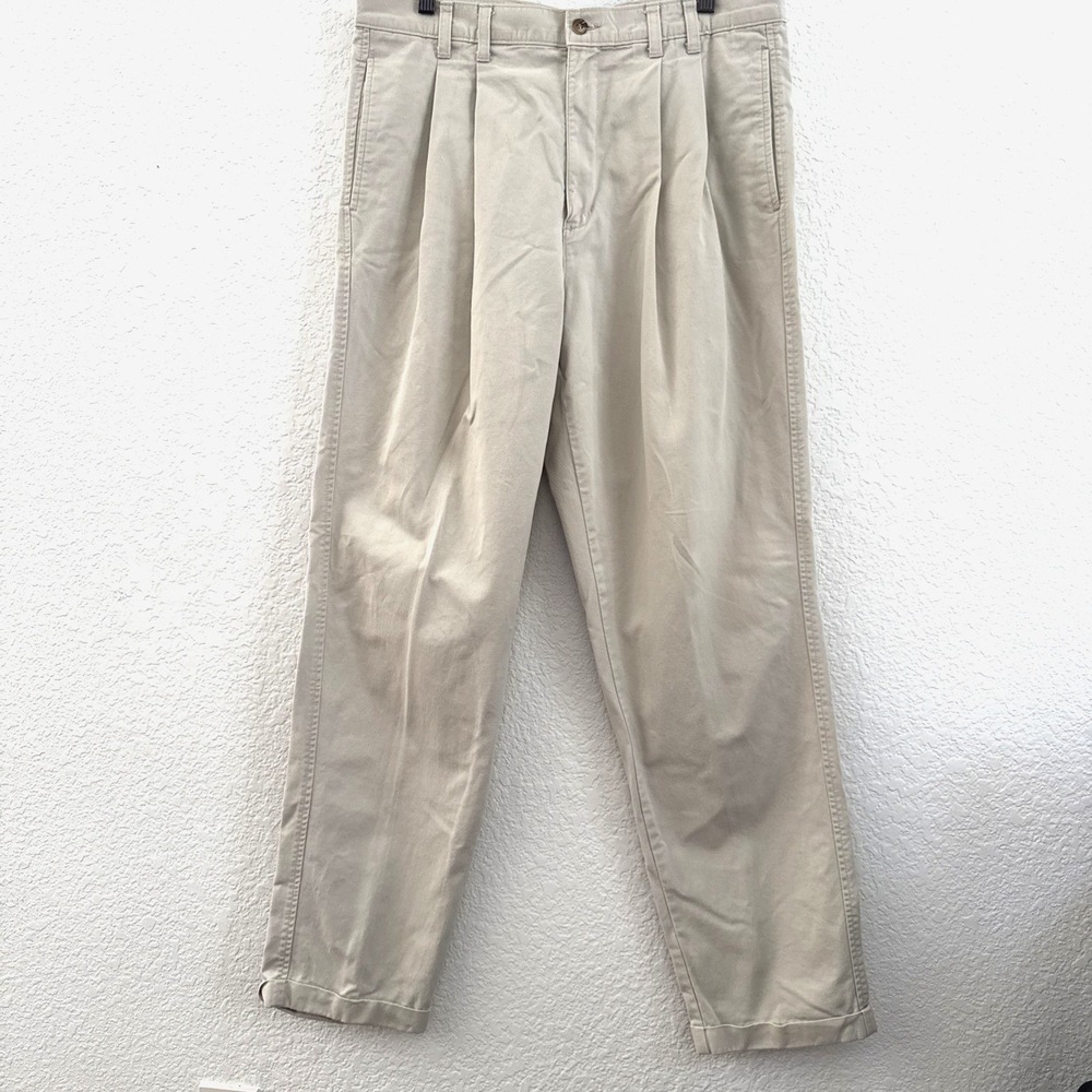 Eddie Bauer Mens Khaki Pants Sz 35x32 100% Cotton Chino Trousers Cuffed Pleated